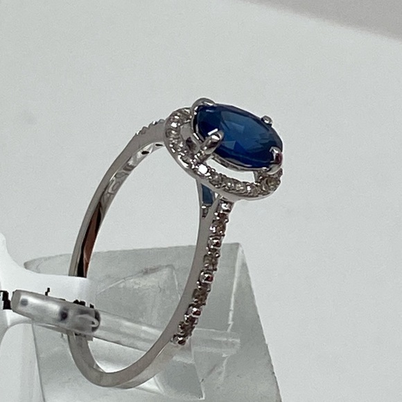 10K White Gold Oval Shape Blue Sapphire and Diamond Halo Ring NEW - Picture 9 of 15